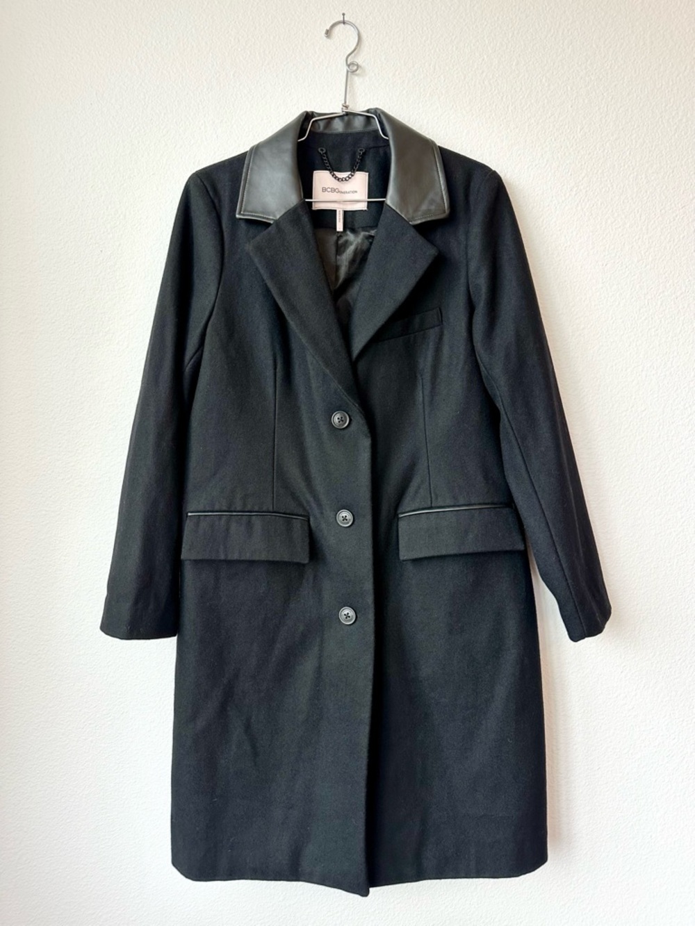 BCBGeneration Black Wool Blend Long Line Faux Leather Trim 3 Button Coat L